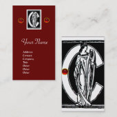 白黒モノグラムC文字，赤ルビー宝石 名刺 (正面/裏面)