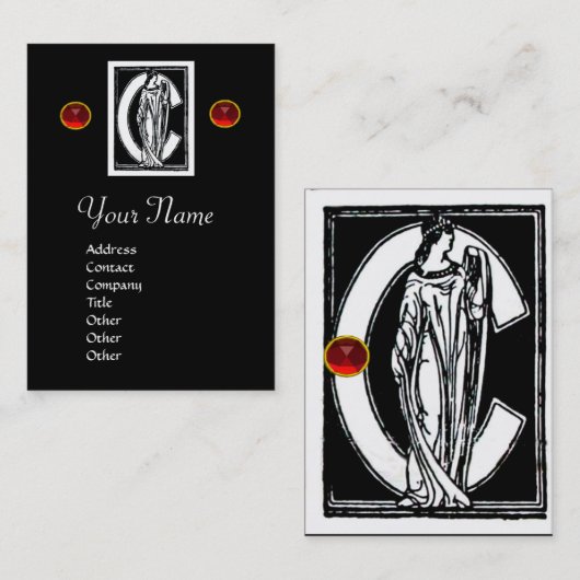 白黒モノグラムC文字，赤ルビー宝石 名刺 (正面/裏面)