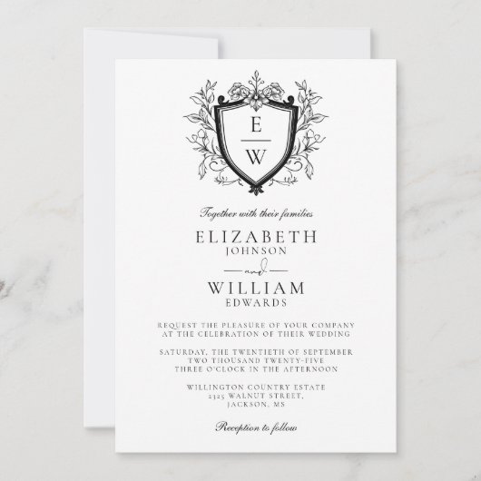 白黒モノグラムQRコード結婚s 招待状 (正面)