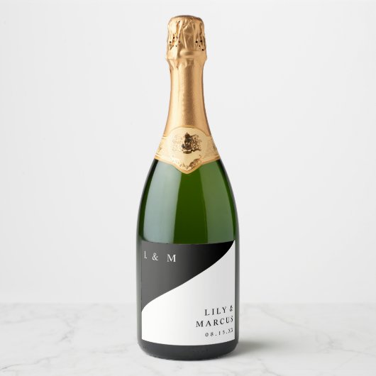 白黒モノグラモダンムエレガント結婚ズ スパークリングワインラベル (正面)
