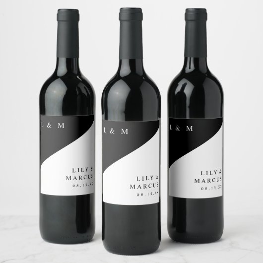 白黒モノグラモダンムエレガント結婚ズ ワインラベル (ボトル)