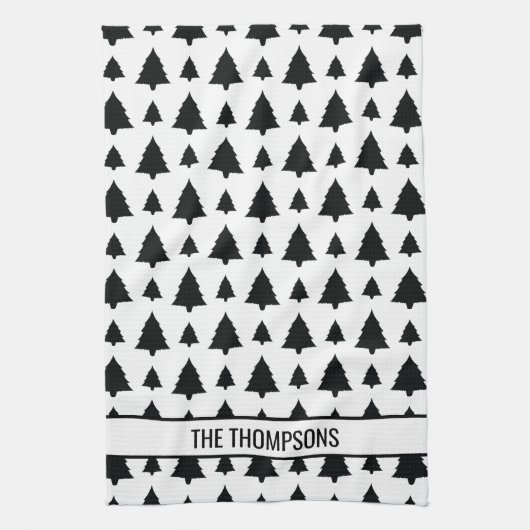 白黒モミのクリスマスツリーパターン&文字 キッチンタオル (縦)