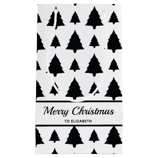 白黒モミのクリスマスツリーパターン&文字 スモールペーパーバッグ (正面)