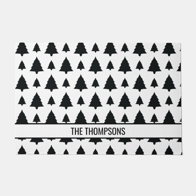 白黒モミのクリスマスツリーパターン&文字 ドアマット (正面)