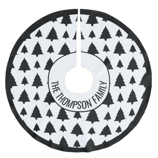 白黒モミのクリスマスツリーパターン&文字 ブラッシュドポリエステルツリースカート (正面)