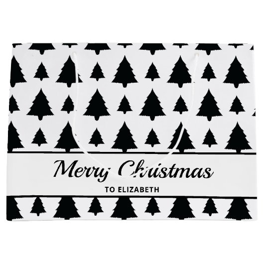 白黒モミのクリスマスツリーパターン&文字 ラージペーパーバッグ (正面)