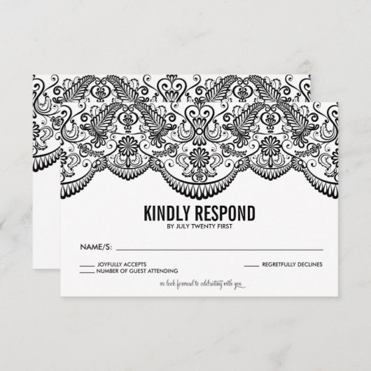 白黒モロッコレースパターンRSVPカード 出欠カード (正面/裏面)