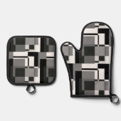 白黒モンドリアンスタイル抽象芸術幾何学的 鍋つかみ&鍋敷きセット (正面)