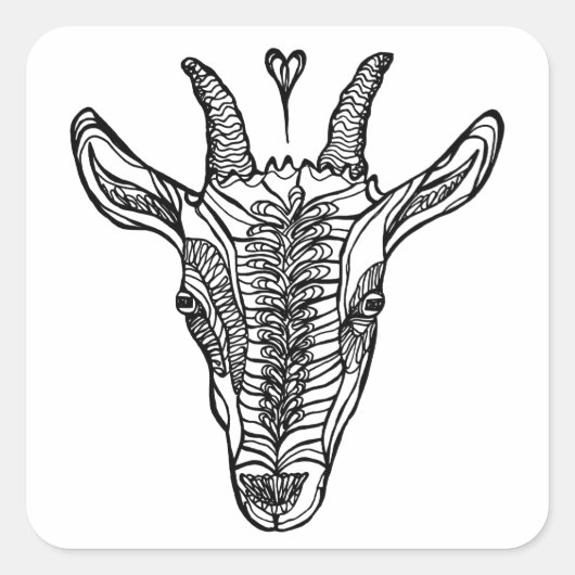 白黒ヤギ線ポートレートとハート スクエアシール (正面)