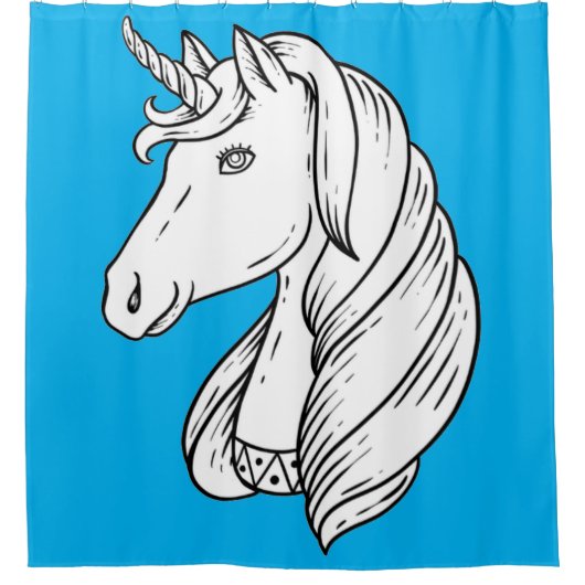 白黒ユニコーン（青い背景） シャワーカーテン (正面)