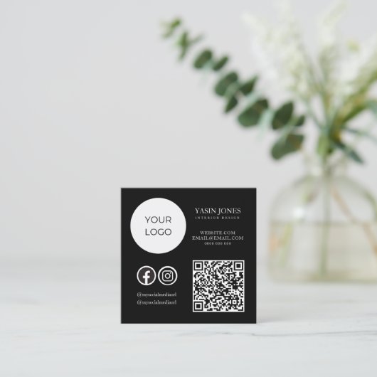 白黒ユニークQRコードソーシャルメディア スクエア名刺 (スタンド正面)