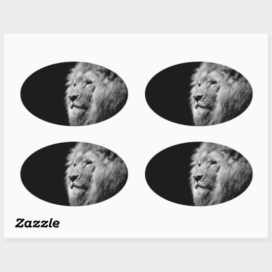 白黒ライオンポートレート – 動物写真 楕円形シール (シート)