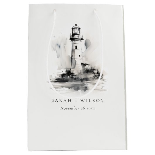 白黒ライトハウススケ航海のッチ結婚ズ ミディアムペーパーバッグ (正面)