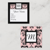白黒ライトピンクダマスクスクエアモノグラム スクエア名刺 (正面/裏面)