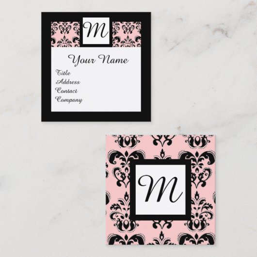 白黒ライトピンクダマスクスクエアモノグラム スクエア名刺 (正面/裏面)