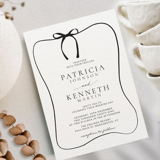 白黒ラインアートボウフレームテクスチャ結婚ズ 招待状