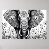 白黒ラインスケッチゾウ |愛 ポスター (正面)