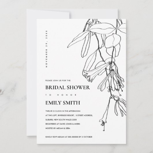 白黒ラインスケッチフローラブライダルシャワーカード サンキューカード (正面)