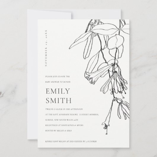 白黒ラインスケッチフローラベビシャワーカード サンキューカード (正面)