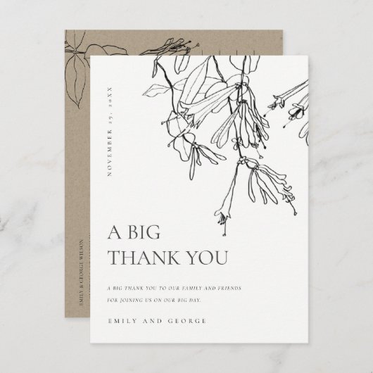 白黒ラインスケッチ結婚フローラありがとう 案内ポストカード (正面/裏面)