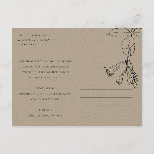 白黒ラインスケッチ結婚フローラありがとう 案内ポストカード (裏面)
