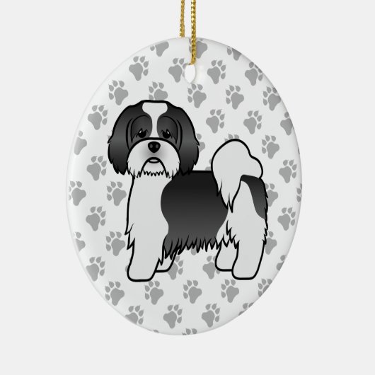 白黒ラサアプソ可愛い漫画の犬 セラミックオーナメント (右)