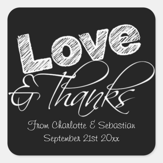 白黒ラブアンドサンキューチョーク文字 スクエアシール (正面)