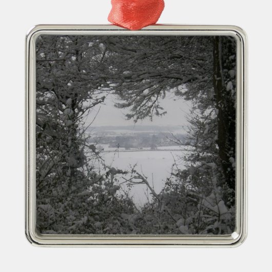 白黒ラブスノーハート写真クリスマスホー メタルオーナメント (正面)