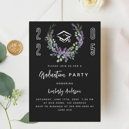 白黒ラベンダーラグジュアリー2025卒業パーティー 招待状