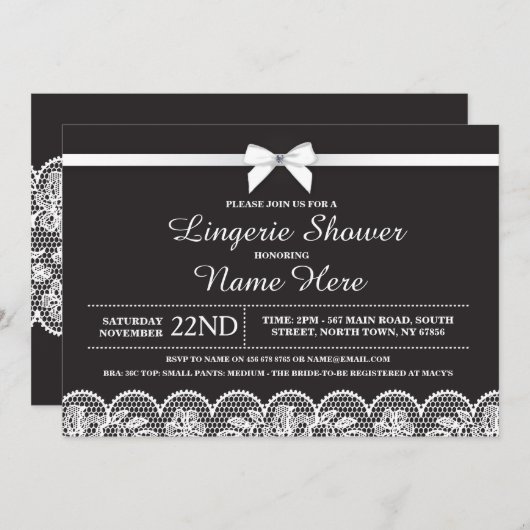 白黒ランジェリーブライダルシャワーレース招待状 招待状 (正面/裏面)