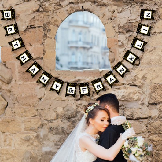 白黒ランダム金ゴールドドットパテ結婚ン バンティングフラッグ