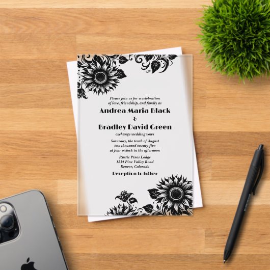 白黒リノカットひまわり結婚の花 アクリル招待状 (インサイチュ (招待状))