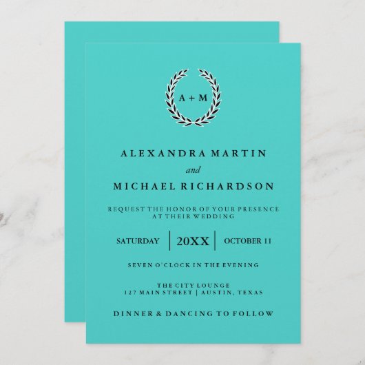 白黒リースが付いているシックな青 招待状 (正面/裏面)