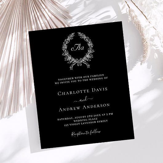 白黒リースモノグラム結婚式招待状