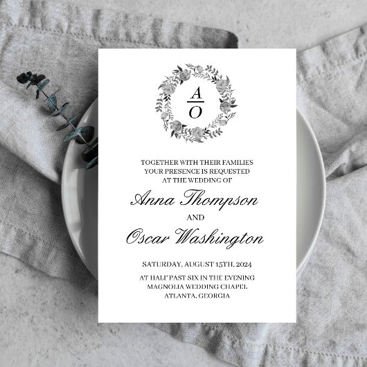 白黒リース、結婚式招待状カード 招待状