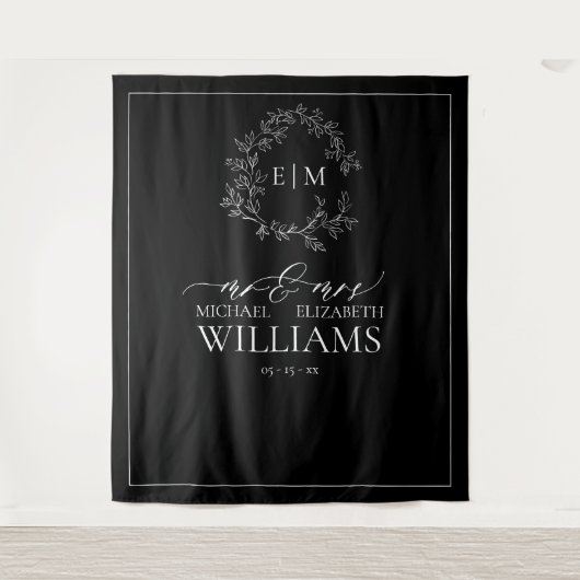 白黒リーピークレストモノグラム結婚ズ タペストリー (正面)