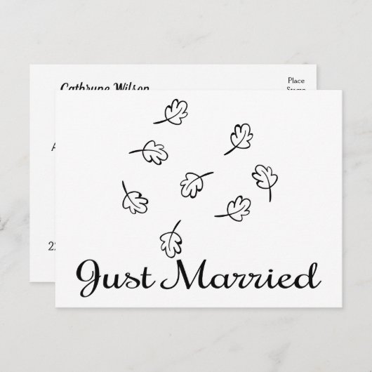 白黒リーフたった今結婚しました結婚ズ離れ 案内ポストカード (正面/裏面)