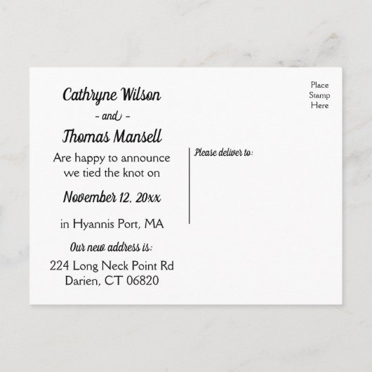 白黒リーフたった今結婚しました結婚ズ離れ 案内ポストカード (裏面)