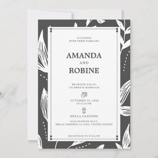 白黒リーフモダン結婚式招待状 招待状 (正面)