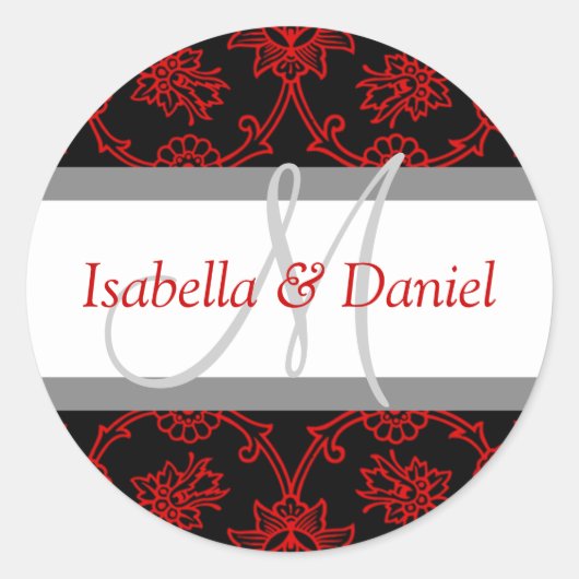 白黒レッドイニシャルモノグラムステッカー ラウンドシール (正面)