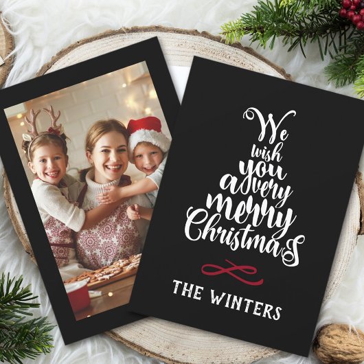 白黒レッドクリスマスツリーレタリング写真 シーズンカード