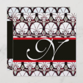 白黒レッドダマスクカーネーションズモノグラムアイス 招待状 (正面/裏面)