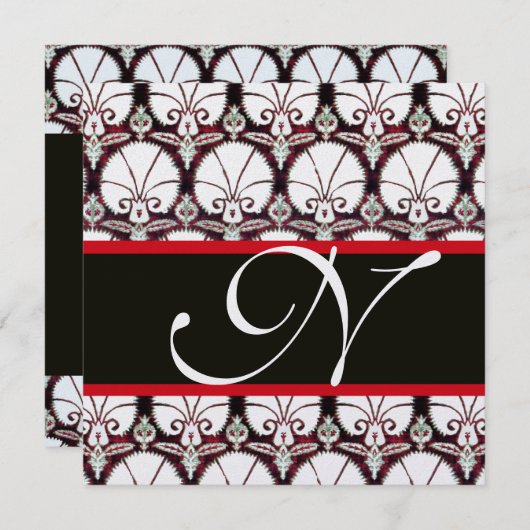 白黒レッドダマスクカーネーションズモノグラムアイス 招待状 (正面/裏面)