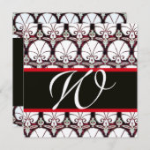 白黒レッドダマスクカーネーションズモノグラム金ゴールド 招待状 (正面/裏面)