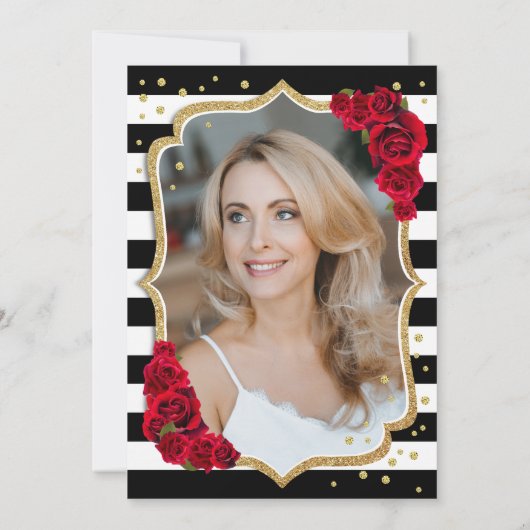 白黒レッドフォトサプライズ50誕生日 招待状 (裏面)