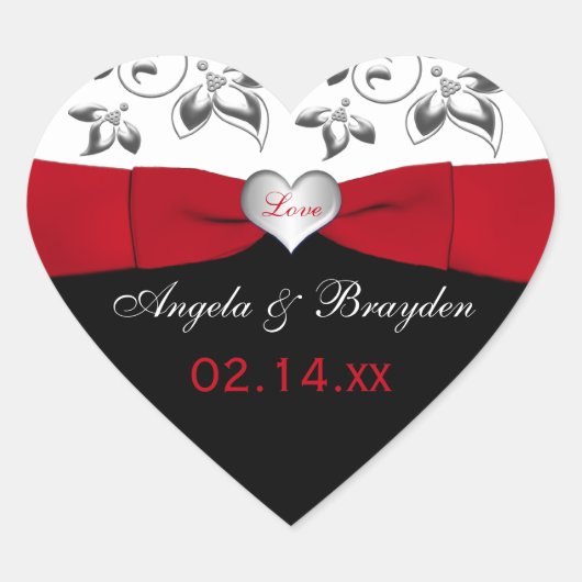 白黒レッドフローラハート結婚式の引き出物シール ハートシール (正面)