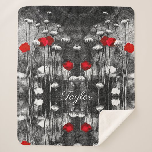 白黒レッドポピーフローラテンプレート花 シェルパブランケット (正面)