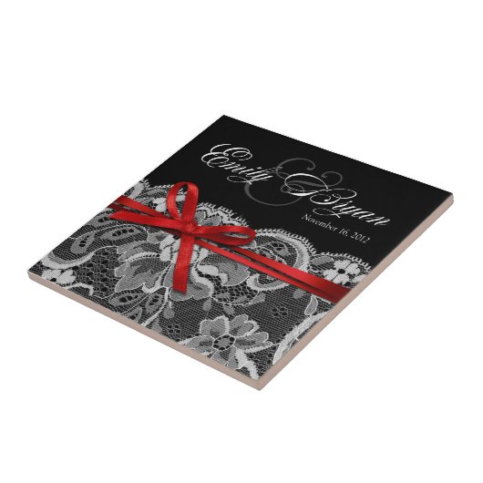 白黒レッドレースキープサケ結婚式の引き出物 タイル (側面)