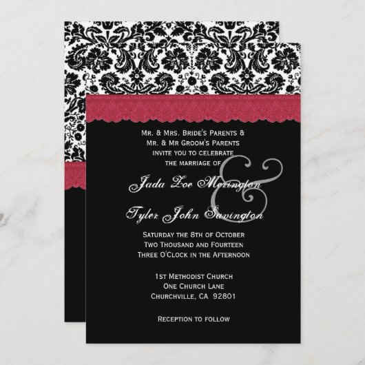 白黒レッドレースフラワーダマスクウェディングV16 招待状 (正面/裏面)