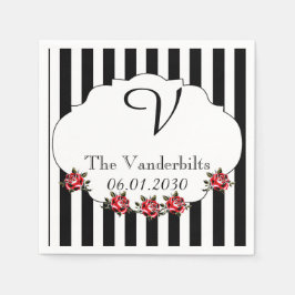 白黒レッドローズモノグラム結婚ズ スタンダードカクテルナプキン